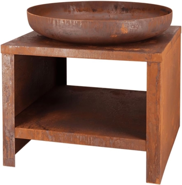 Esschert Design Feuerschale, mit Holzfach, Stahl Rostbraun, Ø 61x62 cm