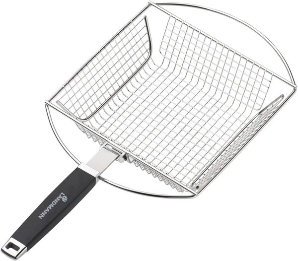 LANDMANN Pure Gemüsekorb | Für kleinstückige Speisen & Gemüse | Abnehmbare Griff erlaubt Grillen bei geschlossenem Deckel | Gummierter & ergonomischer Griff für eine sichere Handhabung [Edelstahl]