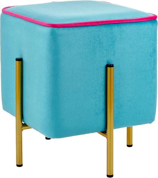 Baroni Home Quadratischer Samt Pouf Fußhocker, gepolsterter Wohnzimmer Pouf, Ottomane für Schlafzimmer, Türkis mit Fuchsia Rand, 33 x 33 x 38 cm