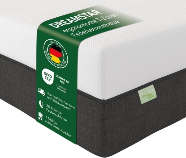 Taschenfederkernmatratze Premium, ergonomische 7-Zonen Federkernmatratze, H2/H3/H4, Dreamstar, 22 cm hoch, fester Liegekomfort für jede Schlafposition - 30 Nächte Probeschlafen