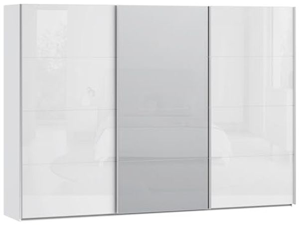 Forte SOPHISTISPACE Kleiderschrank 300, moderner Schwebetürenschrank, 3-türig, Einlegeböden, Kleiderstangen, Spiegel, Holzwerkstoff, Weiß/Weiß Glanz, 299,8 cm breit x 210,5 cm hoch x 62,9 cm tief
