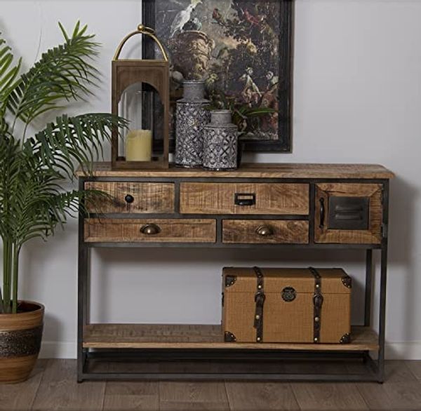 DRW Eingangstisch mit 4 Schubladen und 1 Tür aus Holz und Metall in Natur, 120 x 40 x 80 cm