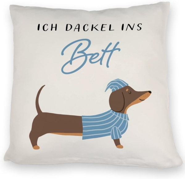 speecheese Dekokissen Dackel mit Pyjama Kissen mit Spruch Ich dackel ins Bett