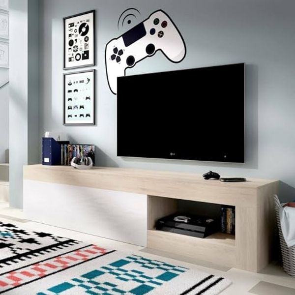 Dmora - TV-Ständer Averau, niedriges Sideboard für Wohnzimmer, Wohnzimmer-Sideboard für Fernseher, 204 x 42 x 48 cm, Eiche und Weiß