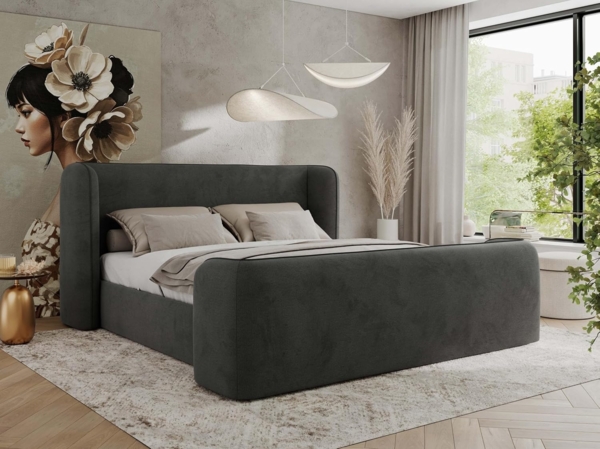 Polsterbett mit Lattenrost, Doppelbett für Schlafzimmer, Gepolstertes Kopfteil - EMORA CLASSIC DUO - 140 x 200 cm - Dunkelgrau Velours