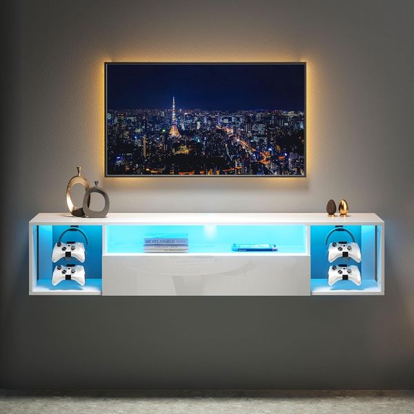 SogesHome TV-Bänke & Lowboards TV​​ Fernsehschrank​​ TV-Tisch TV-Ständer mit Schränk mit Türen und 3 offenen TV-Wandtisch mit LED-Beleuchtung​​ für Wohnzimmer, Schlafzimmer, 140 cm