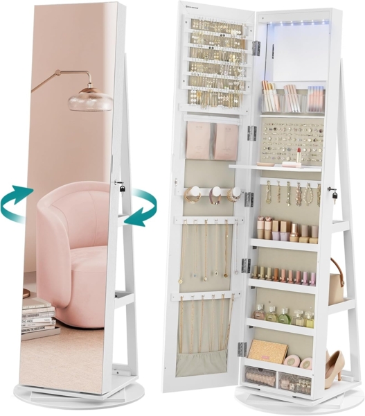 Songmics Schmuckschrank mit rahmenlosem Ganzkörperspiegel, 360° drehbar, abschließbar, Oberfläche weiß | Innenfutter grau, 162 x 54,5 x 54,5 cm