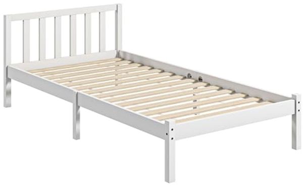 HOMCOM Bettrahmen Holzbett mit Lattenrost, 208x96 cm Bettgestell mit Kopfteil, Einzelbettgestell für Schlafzimmer, Weiß