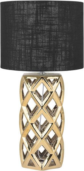 'Selja' Tischlampe Gold Keramik 71 cm Stoffschirm Schwarz Vasenform geometriches Design Kabel mit Schalter Moderner Minimalistischer Stil