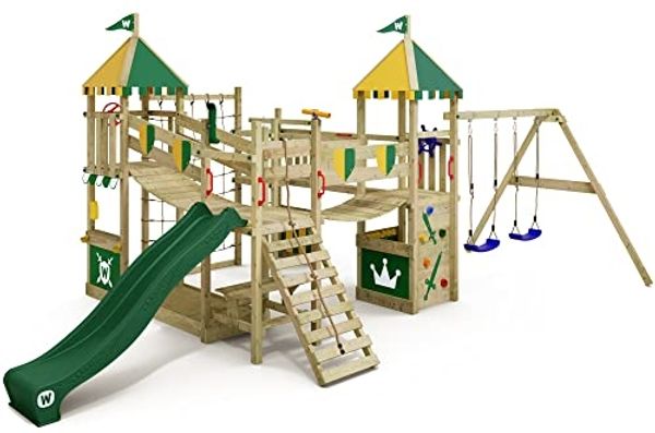 WICKEY 'Spielturm Ritterburg Smart Queen' mit Schaukel & grüner Rutsche, Spielhaus mit Sandkasten, Kletterleiter & Spiel-Zubehör