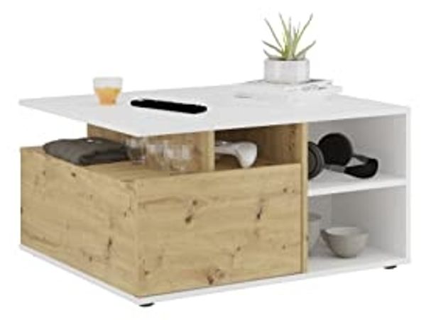 FMD Möbel - TWIN 2 - Couchtisch - melaminharzbeschichtete Spanplatte - Weiß perl / Artisan Eiche - 82 x 69,1 x 10,3cm