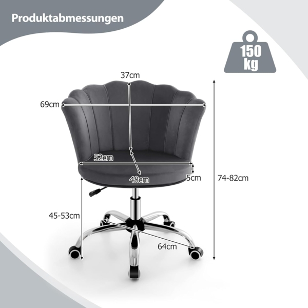 FANTASK Schminkstuhl mit Rollen, Computerstuhl aus Samt, höhenverstellbarer Bürostuhl für Schlafzimmer, Grau Bild 3