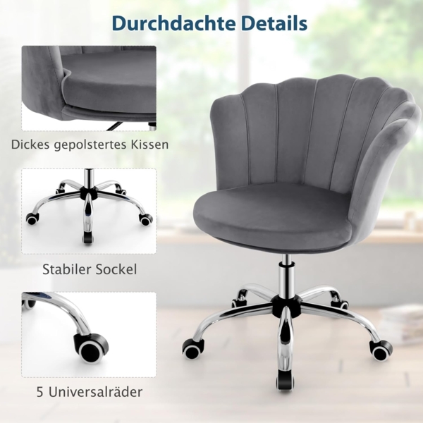 FANTASK Schminkstuhl mit Rollen, Computerstuhl aus Samt, höhenverstellbarer Bürostuhl für Schlafzimmer, Grau Bild 5