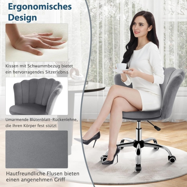 FANTASK Schminkstuhl mit Rollen, Computerstuhl aus Samt, höhenverstellbarer Bürostuhl für Schlafzimmer, Grau Bild 6