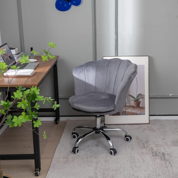 FANTASK Schminkstuhl mit Rollen, Computerstuhl aus Samt, höhenverstellbarer Bürostuhl für Schlafzimmer, Grau Bild 2