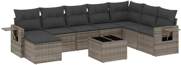 vidaXL 9-tlg. Garten-Sofagarnitur mit Kissen Grau Poly Rattan 3252907