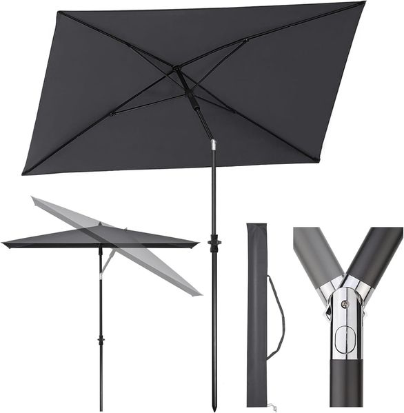 Sekey 210 × 140 cm Sonnenschirm mit Schutzhülle, Balkonschirm Gartenschirm Terrassenschirm, Sonnenschutz UPF50+, Kippbar, Höhenverstellbar, Rechteckig- Dunkelgrau