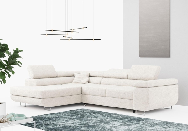 Ecksofa L-Form Couch mit Schlaffunktion und Verstellbare Kopfstützen - GUSTAW - Weiß Boucle - Links