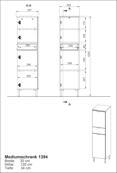Germania Mediumschrank GW-Arcena 1394-547, in Graphit, gedämpfte Türen und Schublade, 30 x 120 x 34 cm (BxHxT) Bild 3
