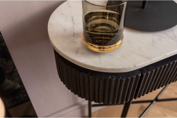 Kare Konsole Glenn, schwarz/grau/weiß, Flurkonsole, 2 Schubläden, Mango Massivholz, heller Marmorplatte, Naturstein, verdeckte Griffmulden, Riffeloptik, 80 x 100 x 32 cm (H/B/T) Bild 5