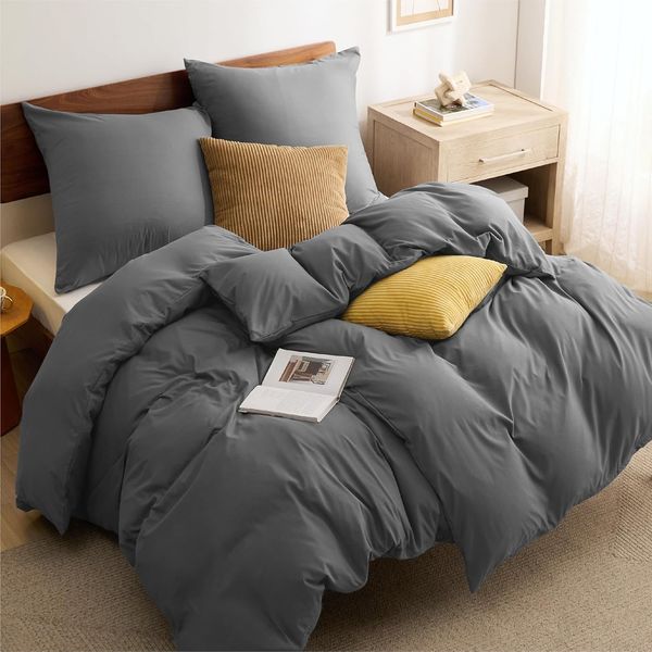 BEDSURE Bettwäsche 155x220 3teilig Anthrazit - Bettwäsche Grau 1 Bettbezug 155x220 cm + 2 Kissenbezüge 80X80 cm, ÖKO-TEX Bettwäsche-Sets Polyester Mikrofaser mit Reißverschluss