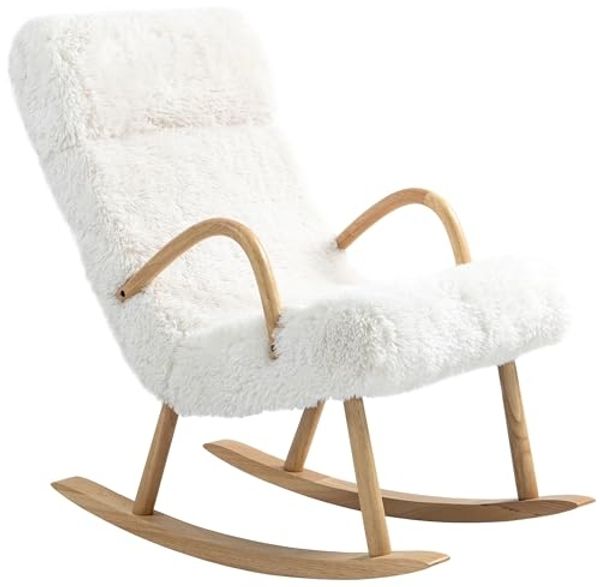 HOMCOM Schaukelstuhl Schaukelsessel, Wollenoptik, mit verstellbarer Kopfstütze (Schwingsessel, 1 St), für Schlafzimmer, Wohnzimmer, Weiß