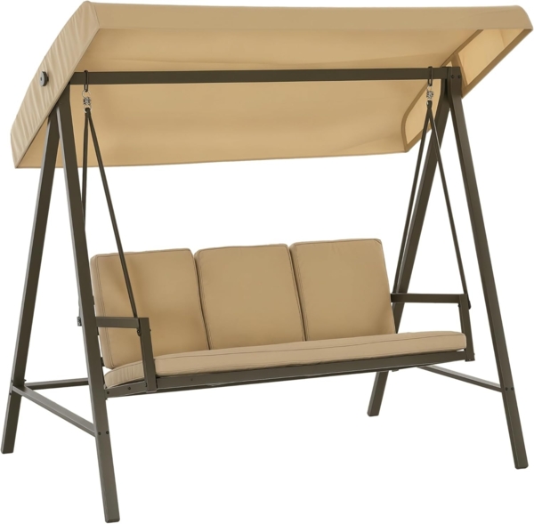 Outsunny Hollywoodschaukel Schaukelbank mit Verstellbarem Dach, Rückenkissen, 3-Sitzer, mehrfach verstellbares Dach, Gartenschaukel, 1 tlg, Schwingbank, bis 360 kg Belastbar, Beige, 200 x 125 x 175 cm