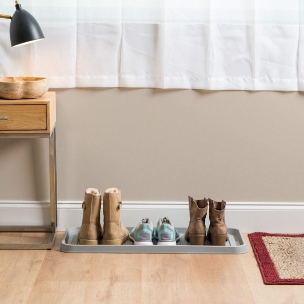 Iris Ohyama, Geschirrständer, Tablett, Schuh- und Stiefelbehälter aus Kunststoff mit Rand, 2er-Set, SHT-L, Grau, stapelbar, Verschlussklammern ? B38 x T30,5 x H2,5 cm Bild 2