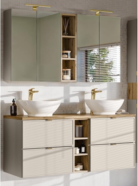 Lomadox Badmöbel-Set BIBIONE-56, (Spar-Set, 2-St, Spiegelschrank Doppelwaschtisch), in kaschmir & Eiche, 140 cm Unterschrank mit 2 Waschbecken
