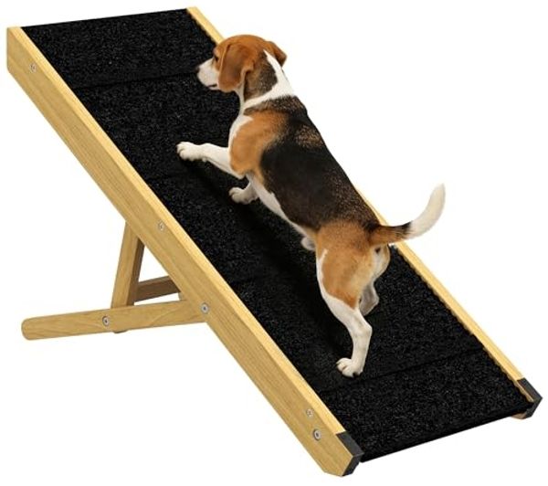 PawHut Hunderampe 83,8 cm große Haustierrampe aus Holz für Bett und Couch (faltbare Hunderampe mit 4-stufiger Höhenverstellung für kleine und mittelgroße Hunde, 1-St, Naturholz), 83,5cm x 35cm x 47,5cm