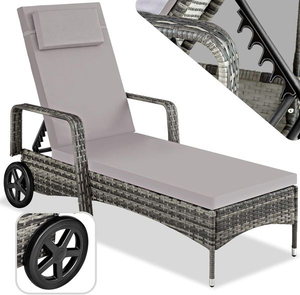 tectake® Aluminium Rattan Sonnenliege mit Armlehne und Rollen, Outdoor Polyrattan Gartenliege mit 6-Fach höhenverstellbarer Rückenlehne (bis 150 kg), Balkon Möbel oder Garten Möbel - grau