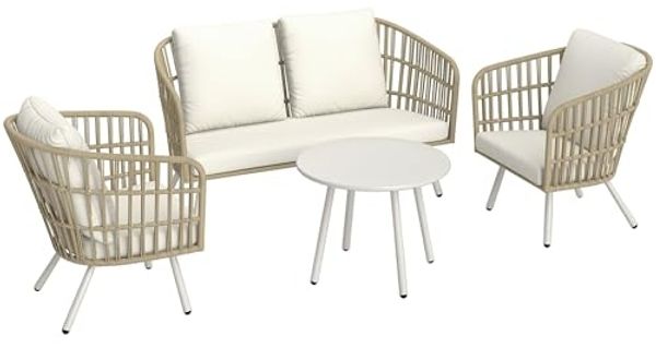 Outsunny Sitzgruppe mit 2er Sofa, Sessel, Tisch, Kissen, für 4 Personen, (wetterfest Lounge-Set, 4-tlg, Gartenmöbel Set aus Polyrattan), für Garten, Balkon, Terrasse, Khaki