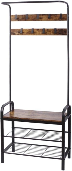 BAKAJI Garderobenständer mit 9 Haken aus Metall mit Schuhbank, 2 Ablagen, Sitzfläche aus MDF, dunklem Holz, modernes Industrie-Design, Größe 73 x 34 x 183 cm Bild 4