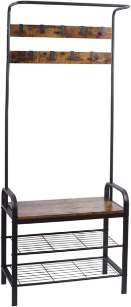 BAKAJI Garderobenständer mit 9 Haken aus Metall mit Schuhbank, 2 Ablagen, Sitzfläche aus MDF, dunklem Holz, modernes Industrie-Design, Größe 73 x 34 x 183 cm Bild 2