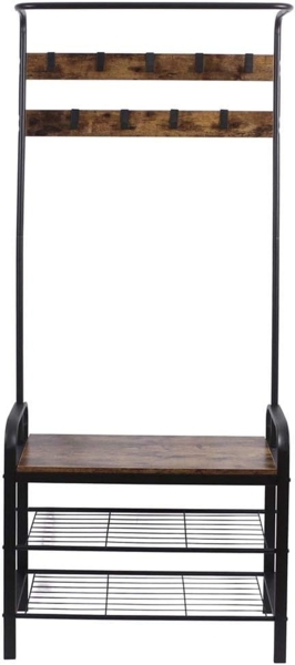 BAKAJI Garderobenständer mit 9 Haken aus Metall mit Schuhbank, 2 Ablagen, Sitzfläche aus MDF, dunklem Holz, modernes Industrie-Design, Größe 73 x 34 x 183 cm Bild 5