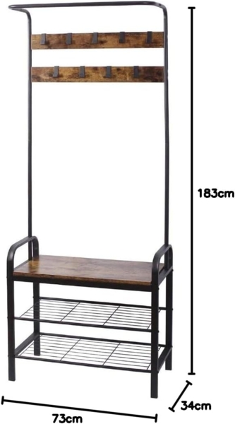 BAKAJI Garderobenständer mit 9 Haken aus Metall mit Schuhbank, 2 Ablagen, Sitzfläche aus MDF, dunklem Holz, modernes Industrie-Design, Größe 73 x 34 x 183 cm Bild 10
