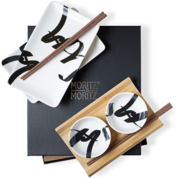 Moritz & Moritz Tafelservice Sushi Set 10tlg Pinselschrift Schwarz (8-tlg), 2 Personen, Porzellan, Geschirrset für 2 Personen
