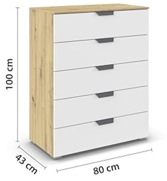 rauch Aditio Box, Kommode, 5 Schubladen, mit Softclose-Funktion, Farbe Weiß/Eiche Artisan, BxHxT 80x100x43cm Bild 3