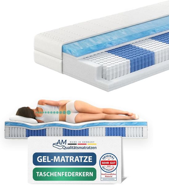 AM Qualitätsmatratzen - Premium Gelschaum-Matratze 140x200 cm H2-1000 Federn - Taschenfederkernmatratze Gelschaum 140x200-6 cm Gelschaum-Auflage - 24cm Höhe - Made in Germany