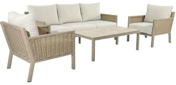 DRW Sofa-Set, Couchtisch und 2 Sessel aus Aluminium und Rattan in Beige und Natur, Sessel 75 x 85 x 75 cm, Sofa: 165 x 85 x 75 cm, Tisch: 90 x 60 x 44 cm