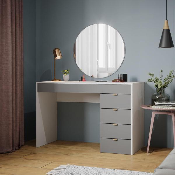 Schminktisch Elise Weiß/Grau/Grau 115 cm mit 5 Schubladen Vicco