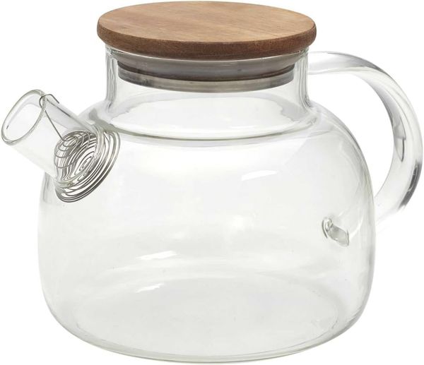 HOME DECO FACTORY, KA0095, 90Cl Glass teapot with Acacia lid, elegant Design for Tea, Coffee and infusions, ideal for aperitifs and Convivial Moments, Brown, Transparent