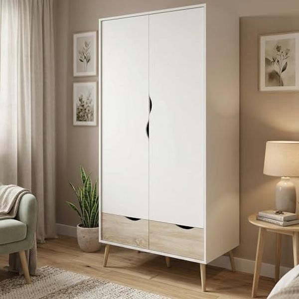 Dmora Zweitüriger Kleiderschrank mit zwei Schubladen, Farbe Weiß und Eiche, 98 x 200 x 58 cm