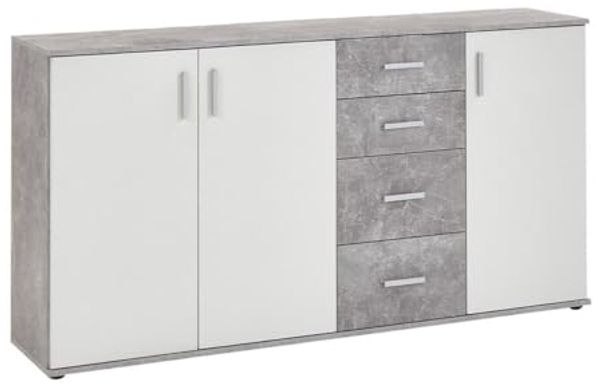 FMD Möbel - ALBI 3 - Kommode mit 3 Türen u. 4 SK - melaminharzbeschichtete Spanplatte - Beton LA/weiß - 160,1 x 83 x 35cm