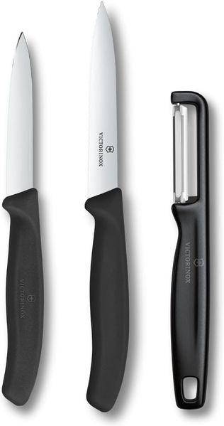 Victorinox Swiss Classic Gemüsemesser Set mit Sparschäler, Schälmesser und Tomatenmesser, 3-teilig, Extra Scharfe Klinge, Schwarz