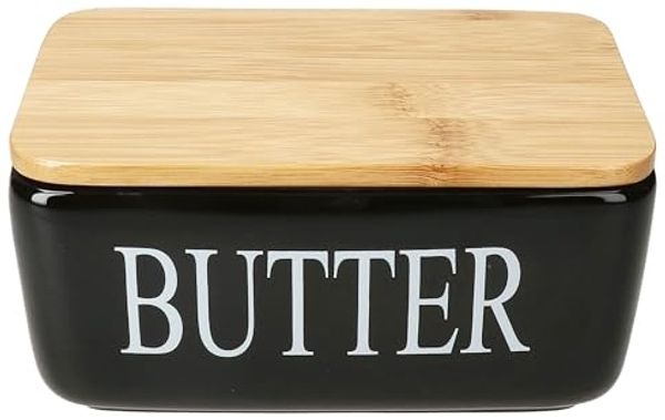 MamboCat Butterdose Reni schwarze Butterdose mit Bambusdeckel Keramik für 250g Butter, Keramik