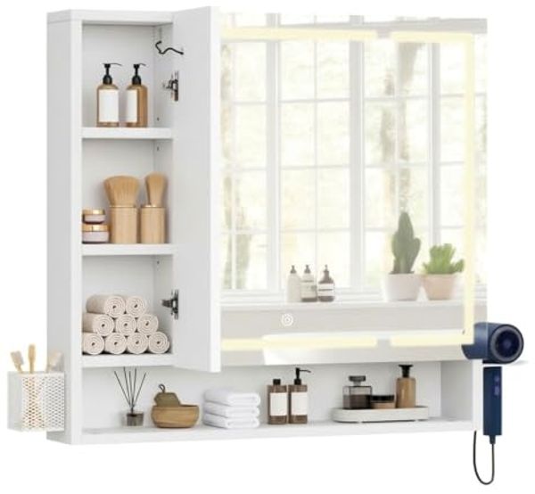 YITAHOME Spiegelschrank Bad mit Beleuchtung, 3 Türen LED Badezimmer Spiegelschrank mit Steckdosen, Hängender Badezimmerschrank, Wandschrank, Badezimmerspiegel, 80W x 15D x 75H cm, Weiß