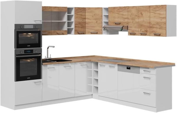 Eckküche R-Line Goldkraft Eiche/Weiß 247 x 60 cm zweifarbige Schränke, AP Eiche Vicco