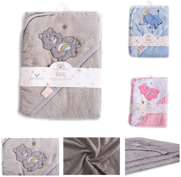 Cangaroo Baby-Kapuzenhandtuch Manny 76 x 76 cm Babyhandtuch Tiermotiv Baumwolle grau