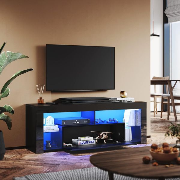 SUNXURY TV Lowboard Schwarz 140cm mit 12 Led Farben Beleuchtung TV Board Hängend Glasböden Hochglanz 140 x 35 x 50. 5 cm